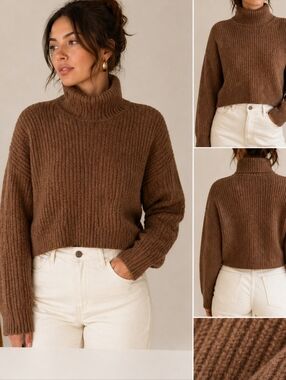 Wilfred 100% Merino Wool Cropped Turtleneck Sweater Cozy Ribbed Size M